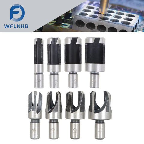Heavy Duty Wood Plug Cutter Set With Eight Titanium Coated Drill Bits For Woodworking Projects Deep Cut Shanks Nine Point Three Millimeters, precision drill bits displayed.