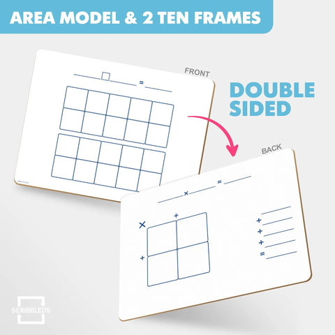 Double-sided view of Dry Erase Ten Frame Area Model Board for Kids 9 by 12 inch showing frames and area model.