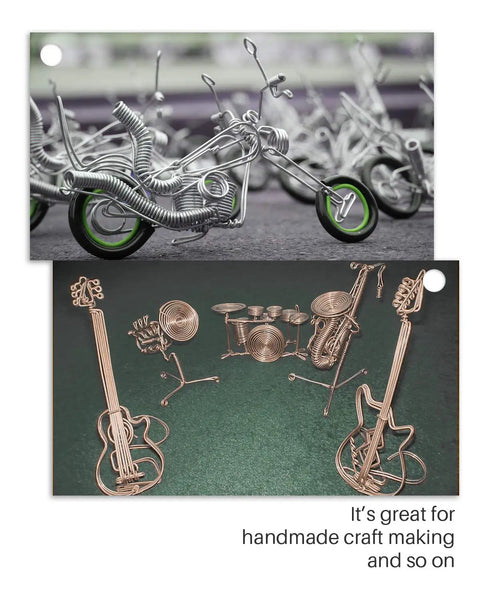 Wire sculptures of motorbikes and musical instruments crafted with Five Piece Pro Grade Bonsai Wire and Tool Kit For Easy Bend Indoor Bonsai Trees.