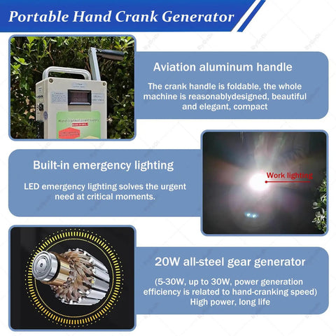 Portable Hand Crank Emergency Generator For Outdoor Survival On The Go features aluminum handle, emergency lighting, and gear generator.