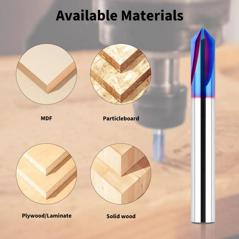 CNC Wood Carving Router Bit Set With One Quarter Inch Shank 15 Degree Detail Liner 20 Degree Profile Bit Plus 30 Degree 60 Degree And 90 Degree V Groove Bits Solid Carbide With Nano Blue Coating For Heat Resistance Max RPM 24000 For DIYers with materials MDF, particleboard, plywood, and solid wood visible.