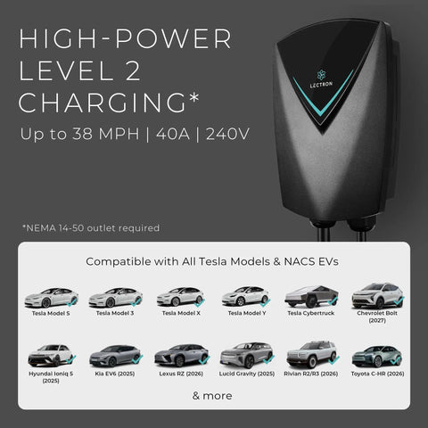 Fast Level 2 EV Charger For Tesla And NACS, 40 Amp 240V Home Charge Station, show compatibility with various EV models