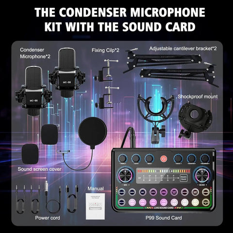 Upgraded Dual Mic Podcast Kit Bundle With Denoise And 10 Built In Effects Plus 4 Custom Sound Pads Bluetooth Wireless Music layout