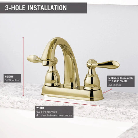 Windemere Centerset Polished Bronze Bathroom Faucet for 4 Inch 3 Hole Vanity Sink shown with measurements.