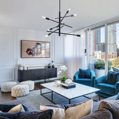 Black Modern Sputnik Chandelier With Adjustable Arms 6 Light Dope Mid Century Ceiling Pendant in elegant living room