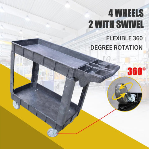 Heavy Duty Plastic Utility Cart With Dual Shelves Bearing Five Hundred Pounds Swishes Through Doorways On Four Silent Casters With Two Flex Swivel Wheels, close-up showing 360-degree swivel wheels.
