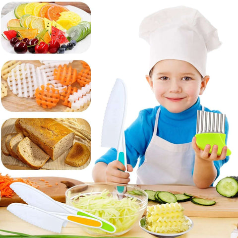 Front view of TAORISH 4-piece kids kitchen knife set with plastic blades and colorful handles, held by a child chef.