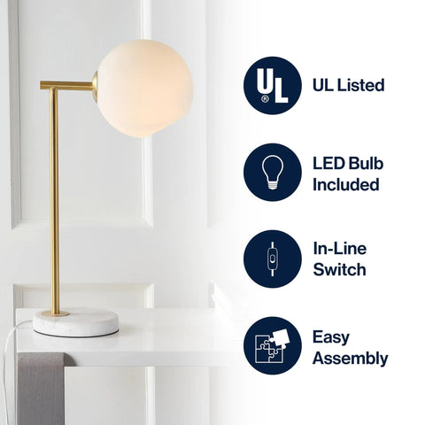 Gold And White Modern Metal Marble LED Bedside Lamp With Frosted Glass Globe Shade Sleek Minimalist Scandinavian Style For Bedroom And Living Room Includes Energy Saving LED Bulbs ETL Listed next to feature icons.