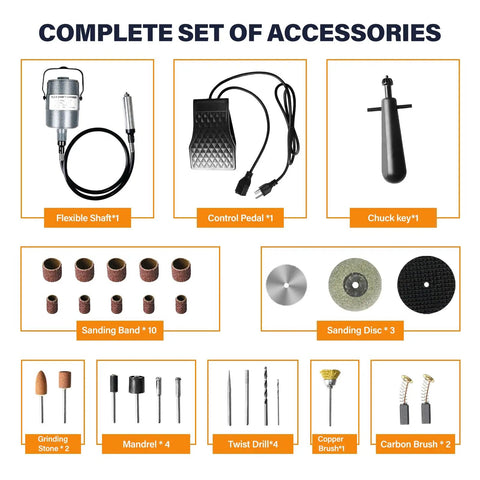 Complete set of accessories for Flex Shaft Grinder With 380W Copper Motor, 23,000 RPM Do It All Multifunctional Rotary Tool.