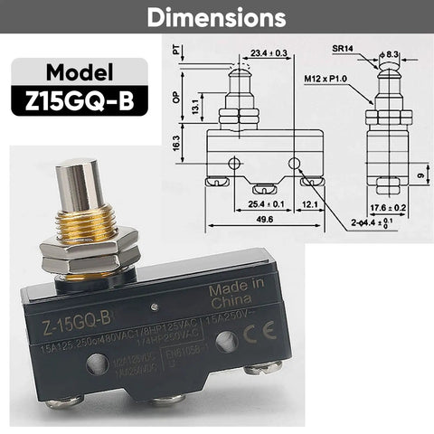 Top Shelf Micro Limit Switch 2 Pack With Plunger Actuator Bringing Killer 15A 250V Power And Rock Solid 1NO 1NC Setup For Zero Hassle Panel Mount Wiring Via Screw Terminals with dimension diagram.