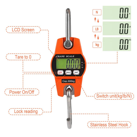 Heavy Duty Digital Crane Scale 660 Pound Capacity With Slick Backlit Lcd Screen, orange design with stainless steel hook and LCD display.