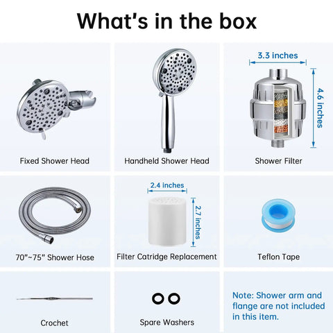 Image of Filtered Shower Head With Handheld Combo Plus Three Way Diverter For An Easy Switch Shower Eight Settings For Custom Shower, High Flow To Fight Hard Water, Reduces Chlorine And Fluoride, Includes One Replacement Cartridge, Chrome Finish, showing box contents including fixed and handheld shower heads, filter, hose, and accessories.