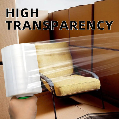 Heavy Duty Clear Stretch Wrap With Ergonomic Swivel Handles 5 Inch By 1000 Foot Rolls 80 Gauge Thick Cling wrapping around a chair.