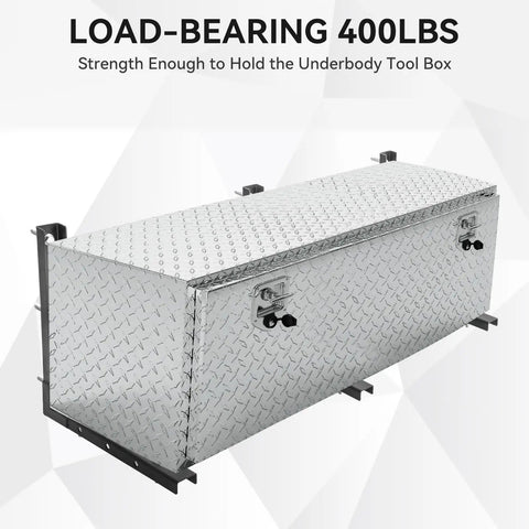 Badass Underbody Truck Box Brackets 15x15 Mount Kit 3 Pack Heavy Duty Folded Steel Rack Mounts Black Powder Coat Corrosion Proof Bed Storage Racks, showing a load-bearing underbody tool box with a diamond plate finish.