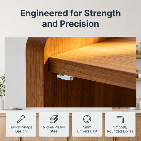 80 Pack 5mm Shelf Pegs Spoon Shape Iron Cabinet Pegs, Heavy Duty Nickel Plated Bracket securing wooden shelf in cabinet
