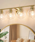 4-Light Over Mirror Bathroom Vanity Light With Clear Glass Globe Shades, 29.5 Inch Black Wall Sconce For Bath, Dope Modern Brass Metal Fixture