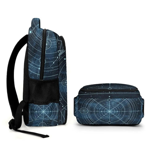 Side view of Lit Light Blue Celestial Star Chart Backpack For Everyday Use Unisex Large Capacity Daypack with cosmic print