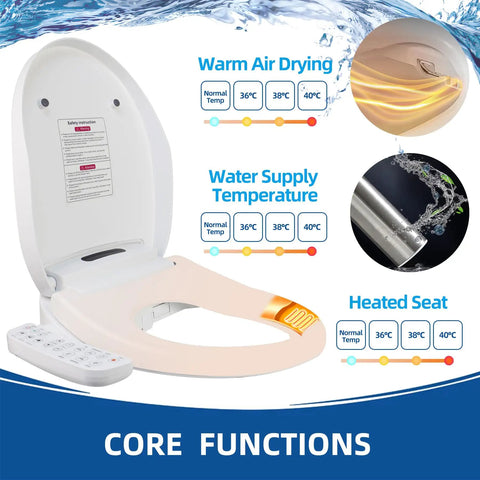 Smart Heated Bidet Toilet Seat Round With Vortex Wash Front And Rear Cleansing 3 Water Temps And 3 Water Pressures features