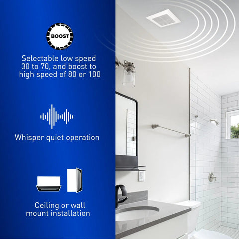 Whisper Quiet Dual Speed Ceiling And Wall Mount Bathroom Exhaust Fan With DC ECM Motor And SmartFlow Technology installed in white bathroom