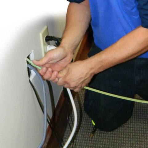 Glow Fish Rod Wiring Kit Includes 18 Feet Non Conductive Fiberglass Rods With Bullet Nose, Hook And Plastic Tube For Running Wire Through Ceilings Attics Floors And Crawl Spaces, Easy Turns And Great Low Light Visibility; technician pulling cables through wall opening