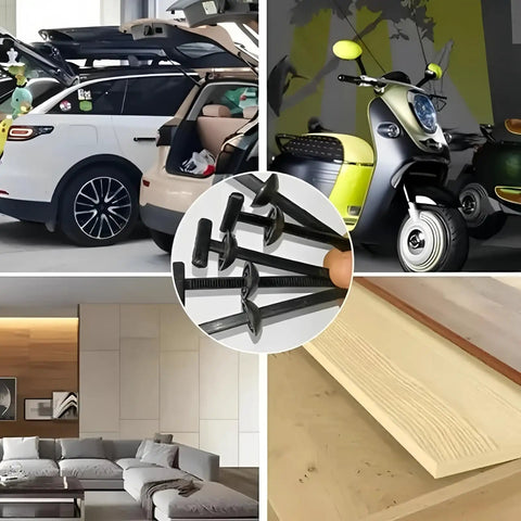 Collage showing a Heavy Duty Nylon Cable Tie Buckle Set 50 Pack with self-locking zip ties for auto repairs and household use.