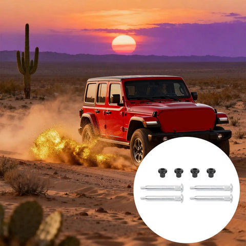 No Tools Needed Door Hinge Repair Kit For Cars 30 Second Install Aluminum Hinge Set next to red vehicle on desert terrain