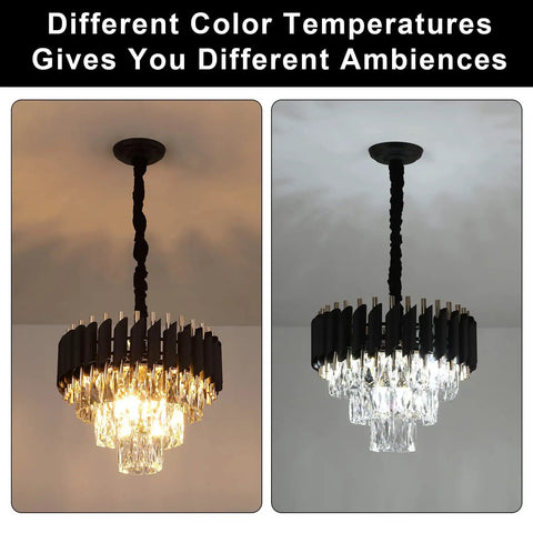 Three Tier Black Rose Gold Crystal Chandelier Round 16 Inch Flush Mount Pendant Light Dimmable Ceiling Fixture with lit glam vibe.