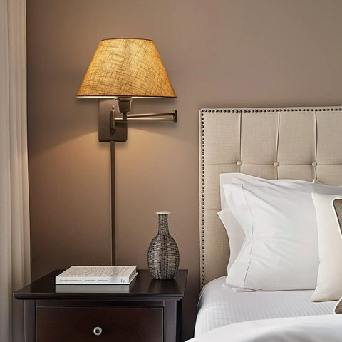 Set Of 2 Modern Swing Arm Wall Sconces With Latte Mocha Empire Fabric Shade 2 In 1 Plug In Or Hardwired Wall Lamp next to bed