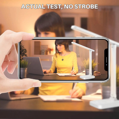 LED Desk Lamp With Touch Control For Reading No Flicker Three Color Modes in use during study session, showing its low profile design.
