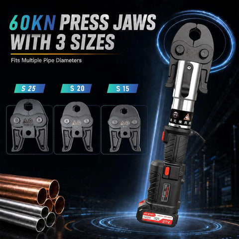 Heavy Duty 21V Cordless Hydraulic Pipe Crimper With 60KN Force For Copper HVAC Plumbing showcasing three interchangeable jaws and copper pipes.
