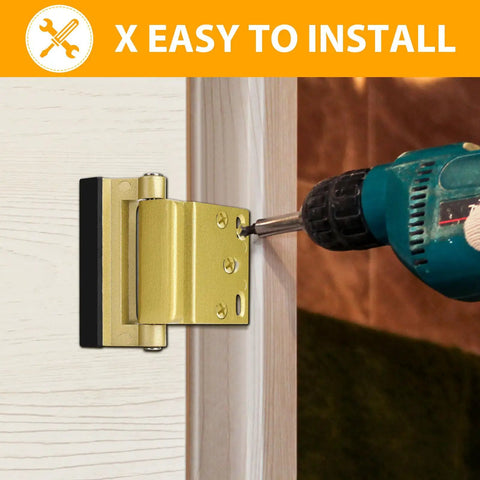 Bulletproof 3 Inch Interior Door Security Reinforcement Plate Gold Aluminum being installed with a drill on a door frame.