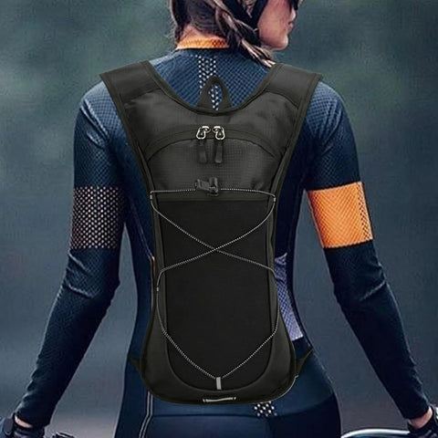 Hydration Backpack with Nylon Reservoir and Reflective Strips on person, lightweight weatherproof nylon pack ideal for outdoor adventures