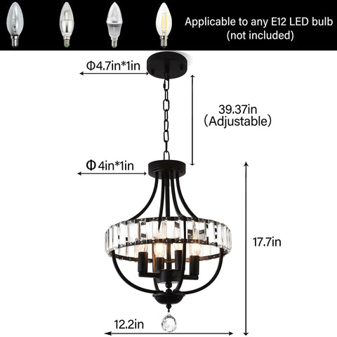Diagram of Crystal Farmhouse Chandelier In Black Rustic Finish Four Light Flush Mount Ceiling Light with dimensions