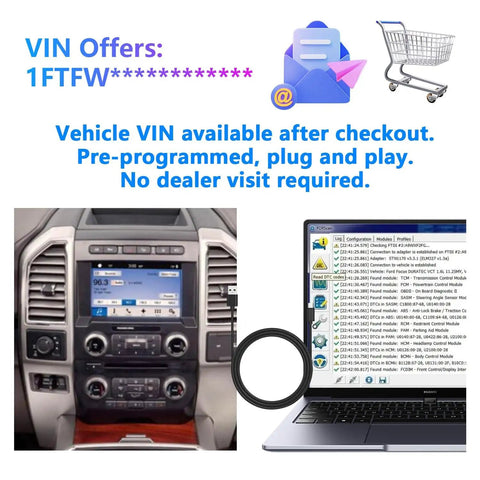 Ford Sync 2 To Sync 3 Upgrade Kit With Wireless CarPlay And 8 Inch Touchscreen GPS Navigation For F Series Trucks And SUV Lineup Including F150 F250 F350 F450 Explorer Escape Taurus Focus Edge Preprogrammed To Your VIN Easy Plug And Play shown with VIN availability