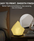 Geometric yellow LED bedside lamp on nightstand with black base; inset shows close-up of white panel texture.