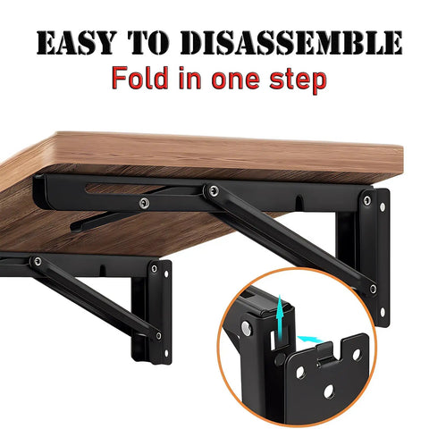 Built Tough Heavy Duty 10 Inch Folding Shelf Brackets 2 Pack Detachable Wall Mount Braces For RV Garage Kitchen No Sweat Setup showing easy disassembly feature and sturdy construction.