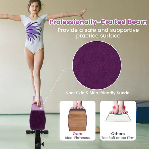 Next Level Gymnastics Training With This Heavy Duty 7.5 Ft Adjustable Balance Beam showcasing a girl balancing on a purple non-skid beam.