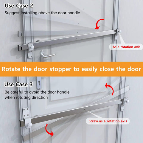 Tough As Nails 38 Inch Stainless Steel Interior Door Security Bar fits 32 to 35 Inch openings shown with installation guide above door.