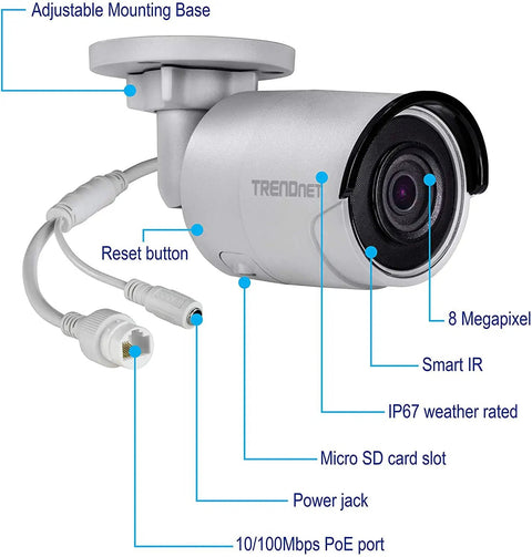 Outdoor 8MP 4K PoE Bullet Network Camera with H.265, 120dB WDR, IP67 Weather Rating, Covert IR Night Vision, MicroSD Slot, TV-IP1318PI