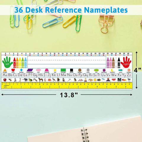 Self Adhesive Dope Desk Nameplates For Primary Classrooms Pack Of 36 With Manuscript Alphabet Upper And Lower Case Letters 26 Alphabet Pictures 16 Shapes Stroke Lines 13.8 X 4 Inches Colorful Desk Tags shown with colorful design and size dimensions.