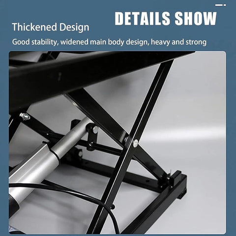 Close-up of sturdy electric scissor lift table mechanism showcasing thickened design and stability features.