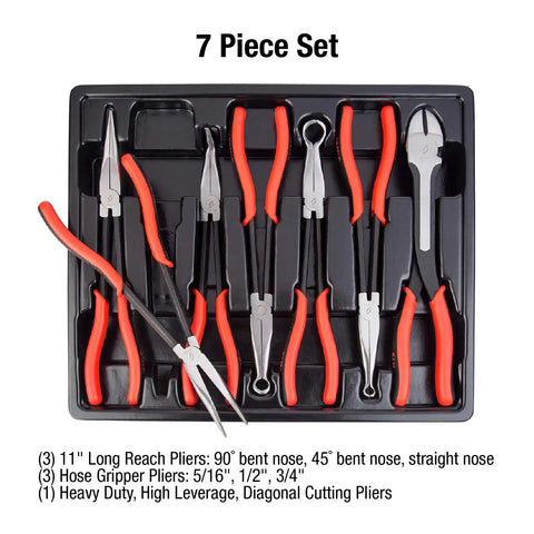 7 Piece Long Reach Pliers Set With Non Slip Comfort Grips And Red Handles For Grabbing In Tight Spots And Reaching Hidden Angles In The Garage Or Home Built Tough With Durable Steel in a black tray