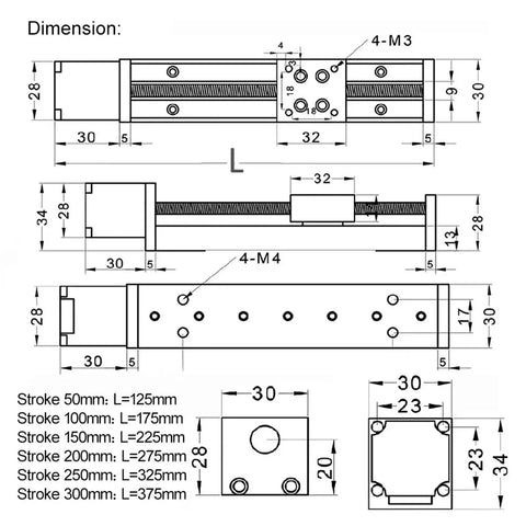 Diagram of Hot Shot Cnc Gantry 3 Axis Xyz Linear Stage dimensions with stroke options labeled in millimeters.