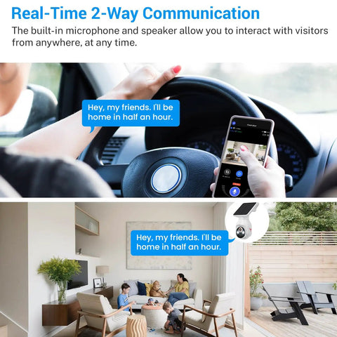 No Brainer Solar Powered Wireless Security Camera With 1080p HD, AI Human Detection installed showing two-way audio feature.