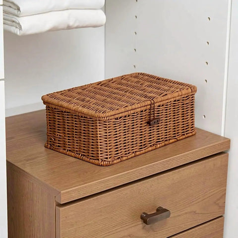 Three Piece Rectangular Woven Storage Bins With Lids Feature Slick Plastic Rattan Construction To Keep Your Home Tidy And Knocking Out Daily Clutter With Zero Hassle Prime Pick For Any Home Or Office placed on a wooden dresser.