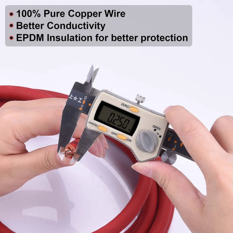 Measuring caliper on red 4 Gauge Battery Cable Kit 30 Feet Total Red And Black Pure Copper OFC Wire Welding Cable