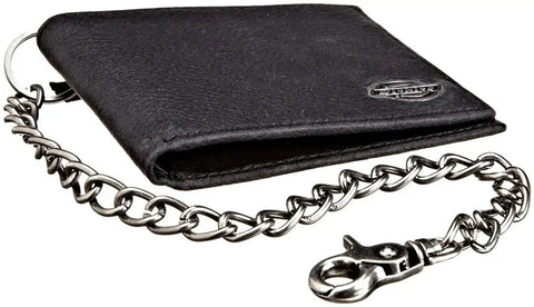Rugged RFID Leather Bifold Chain Wallet For Men In Pebbled Black, Heavy Duty Chain And Hook, 3 Card Slots With Clear ID Window