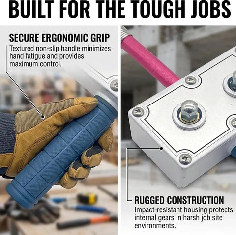 Close-up of ergonomic grip on Hot Stuff Electrician's Wire Pulling Assistant, showcasing textured handle and rugged construction.