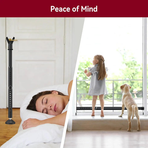 Heavy Duty Door Security Bar Adjustable Interior Reinforced Door Jammer With Steel Lock Pin For Sliding Glass Doors shown with a sleeping woman and a girl with a dog.