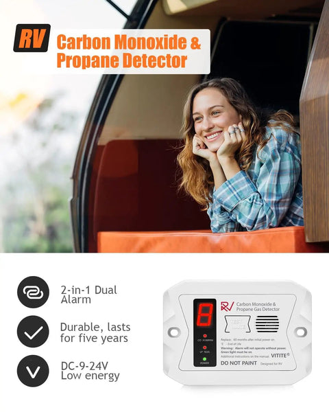Dual CO And LP Gas Detector For RVs With Digital Display, Hardwired 12V Alarm, Surface Or Flush Mount shown installed in RV